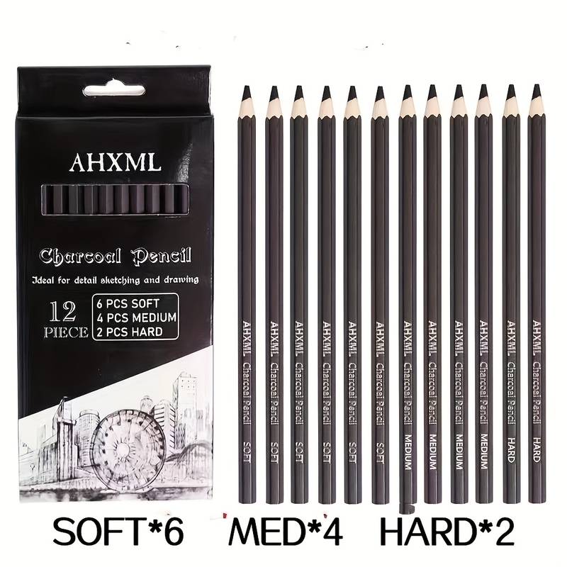 12pcs Charcoal Pen Set (6pcs Soft Charcoal, 4pcs Medium Charcoal, 2pcs Hard  Charcoal) Is Suitable For Sketching Art Creation And Drawing Design Drawin